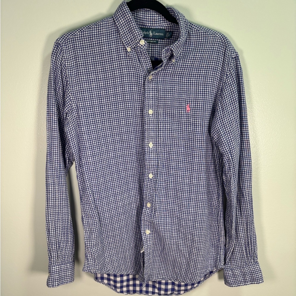 Ralph Lauren Men's Navy Checkered‎ Button Down Shirt Size Small